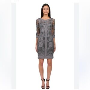 SUE WONG Size 2 Ribbon Trim Illusion Bodice Embroidered Midi Dress